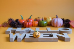 Photo of Halloween characters, pumpkins, pinecone and autumn leaves and orange background