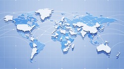 Vector outline image of planet Earth with continents and countries. Economic ties. Global communication system and the Internet. Blue technological background. 3D effect and perspective.