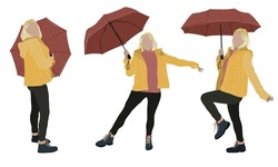 Blond woman with red umbrella and yellow coat in different positions. In flat and line style, hand drawn and vectorized. Perfect for fashion brochures, illustrations, autumn or winter backgrounds...