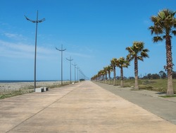 An empty pedestrian embankment with palm trees and lanterns and benches. Against the background of the blue sky and the sea. The embankment goes into the distance. Beautiful cityscape without people. 
