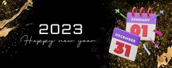 2023 happy new year background design. New year with black background and 3d calendar, start of a new day, vector illustration.