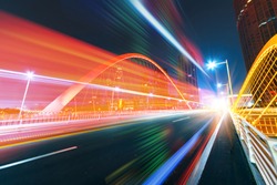 abstract image of blur motion of cars on the city road at night，Modern urban architecture in tianjing, China