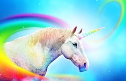 Colorful rainbow unicorn horse. Ancient mythical creature.