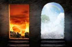 Conceptual purgatory portal to heaven and hell. Religious theme concept.