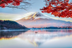 Fuji Mountain Reflection and Red Maple Leaves with Morning Mist in Autumn, Kawaguchiko Lake, Japan