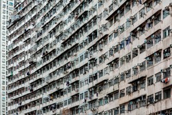 Hong Kong  - December 9, 2019 : Crowded of Narrow Apartment Rooms of Hong Kong Housing Estate Building at Fok Cheong Building near Tai Koo MTR Station, Hong Kong Island
