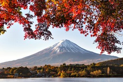Fuji Mountain with Maple Leaves in Autumn at Kawaguchiko Lake, Japan