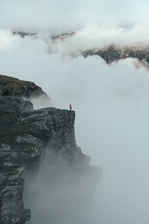 Foggy views over Ringedalsvatnet Lake close to iconic Trolltunga in Norway 