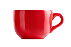 Big red mug in front view. Red cup for tea juice or soup. Red cup isolated on white background with clipping path.
