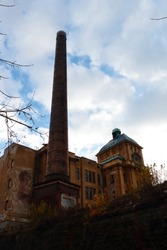 old unused tall brick chimney, urbex