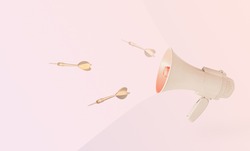 Golden arrows and beige megaphone on pastel pink background with copy space. Minimal abstract creative scene. Free, public, political or hate speech, fake news, disparage or hurtful words concept.