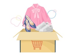 Illustration of an online shopping package being delivered Women's clothes and shoes in a cardboard box Delivery of goods, opening the package
