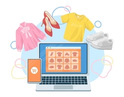 Conceptual illustration of online shopping. Buying clothes and shoes on the Internet. Fashion shopping.