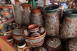 Belém, Pará, Brazil, March 2022. Marajoara ceramics, ceramics of indigenous origin, Amazon ceramics, for sale at the Ver-o-peso market in Belém PA, native craft, clay jar