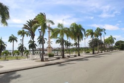 Praça Gonçalves Dias, historic center of São Luís MA, in the background the Anil river and the São Francisco neighborhood, colonial architecture with palm trees, obelisk and statue of Gonçalves Dias.