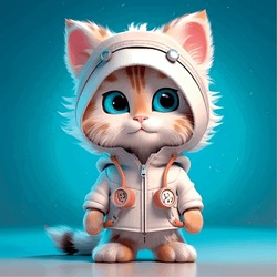 Cartoon character kitten 3d illustration for children. Cute fairytale cat print for clothes, stationery, books, merchandise. Toy kitten 3D character banner, background. Cartoon character 3d cat.