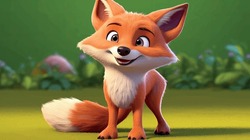 
Cartoon fox 3d illustration for kids. Cute fairy fox print for clothes, stationery, books, merchandise. Toy fox 3D character banner, background. Cartoon character 3d fox cheerful.