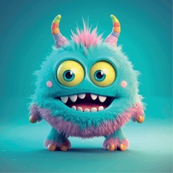 Cartoon funny monster 3d illustration for children. Cute fairytale monster print for clothes, stationery, books, merchandise. Toy monster 3D character banner, background. Cartoon character 3d monster.