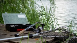 Fishing tackle on the river bank, bait rod, spinning rod, fish. Nature. Selective focus