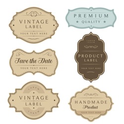 Vintage labels and tag frames set. Ornamental traditional labels for wedding card, handmade or organic product packaging, premium quality, save the date.