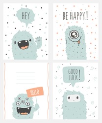 Cartoon and funny monsters cards with place for your text. Set of cute doodle monster greeting or invitation card. Retro colors. Be happy. Good luck. Vector illustration