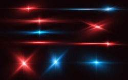 Set of realistic light glare, neon highlight. Collection of bright lens flares. Lighting effects of flash. Red and blue glitter shining stars, glowing sparks isolated on black background. Vector EPS10