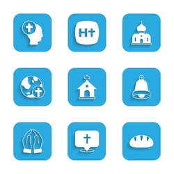 Set Church building, Location church, Christian bread, bell, Hands praying position, cross with globe,  and Priest icon. Vector