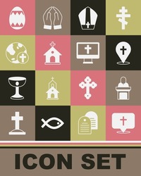 Set Location church building, Church pastor preaching, Pope hat, Christian cross with globe, Easter egg and monitor icon. Vector