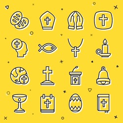 Set line Holy bible book, Church bell, Burning candle in candlestick, Hands praying position, Christian fish symbol, Priest, bread and cross chain icon. Vector