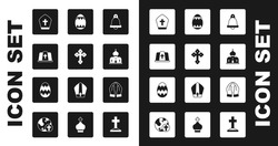 Set Church bell, Christian cross, Pope hat, building, Easter egg, Hands praying position and  icon. Vector