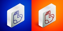 Isometric line Valenki icon isolated on blue and orange background. National Russian winter footwear. Traditional warm boots in Russia. Silver square button. Vector