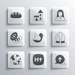 Set Christian cross, Hands in praying position, Dove, with globe, bread,  and Nun icon. Vector