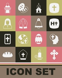 Set Christian cross, Priest, Church building, Hands praying position, Nun, pastor preaching and bell icon. Vector
