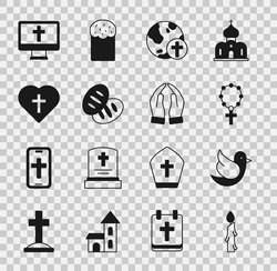 Set Burning candle, Dove, Rosary beads religion, Christian cross with globe, bread, heart, monitor and Hands praying position icon. Vector