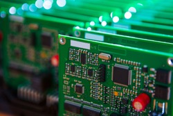 Closeup of Lot of Electronic Printed Circuit Boards with Lots of Surface Mounted Components.Horizontal Image Orientation