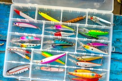 Set of Professional Fishing Tackle Kit Outdoors. Horizontal Image Composition