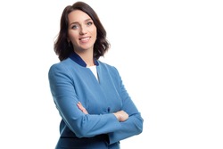 Females in Business. Natural Portrait of Young Confident Caucasian Business Woman in Blue Checked Suit Posing Against White. Horizontal Image Composition