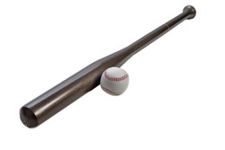 Sport Ideas. Full Length Closeup of Brown Wooden Baseball American Bat Along With Leather Ball Placed Together Over White. Horizontal Image Composition