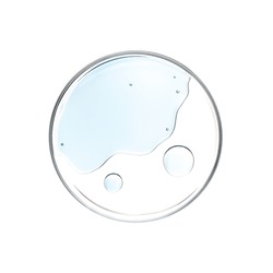 Blue liquid in petri dish over white background - flat lay