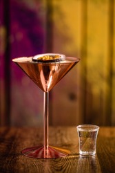 Pornstar martini cocktail in a copper martini glass