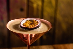 Pornstar martini cocktail in a copper martini glass