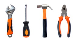Hand tool kit includes wrenches, screwdrivers, hammer and pliers, orange and black handle, isolated on white background.