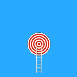 Target with wooden ladder as symbol of step by step achieving the goal. Bullseye success goal concept.