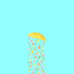 Beautiful flowers falling down from lovely yellow umbrella on bright blue square vivid pastel background. Floral season nature concept. Idea copy space and natural blooms rain