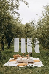 picnic party in the apple orchard. decorated picnic area in the garden.