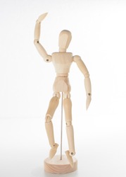 Painting Sketch Wooden Man Model Artist Movable Limbs Doll Wood Carving Man Wooden Toy Art Draw Action Figure Mannequin Kids Toy puppet with an arm up, on a reflective mirrored white floor and white