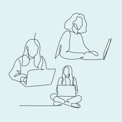 Continuous one single line drawing of woman relaxing at home using laptop computer for video call, skype. Happy young cute girl who wave hand smiling looks at pc screen. Vector illustration