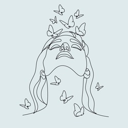Continuous line of woman with butterfly Surreal Face, minimalist drawing of faces, fashion concept, Logo female beauty, Modern portrait