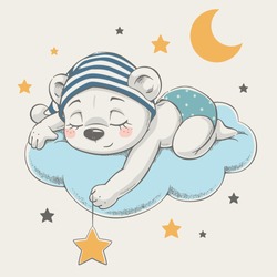Cute dreaming bear cartoon hand drawn vector illustration. Can be used for t-shirt print, kids wear fashion design, baby shower invitation card.