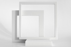 White podium on the white background, simple geometric forms. Podium for product, cosmetic presentation. Creative mock up. Pedestal or platform for beauty products.
